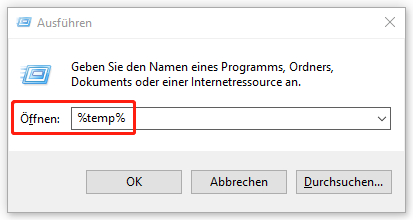 Ein Screenshot zur Eingabe von %temp% in das Ausführen-Dialogfeld.