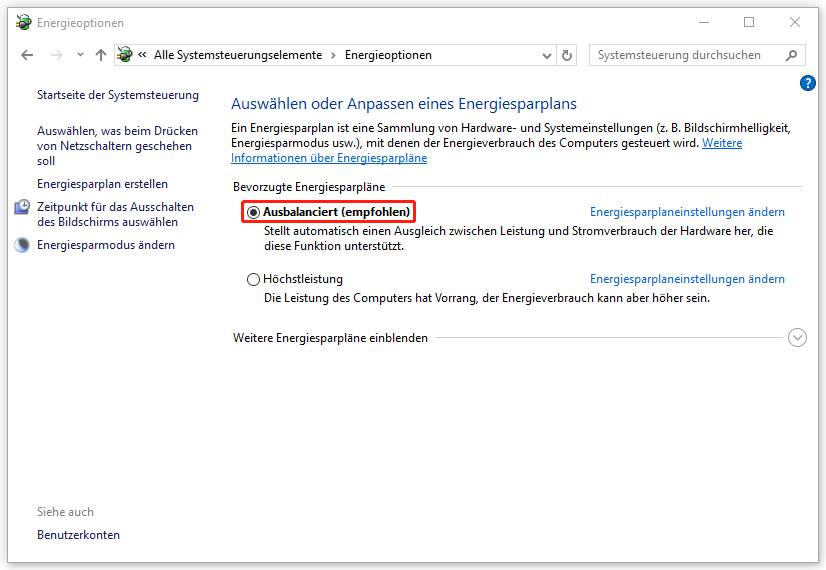 Auswahl der Option Ausbalanciert (empfohlen).