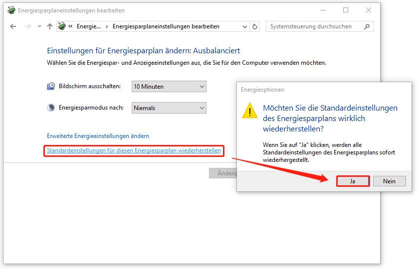 Auswahl der Option Standardeinstellungen für diesen Energiesparplan wiederherstellen.