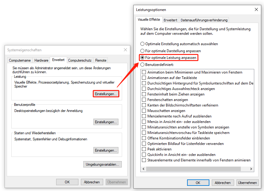 Auswahl der Option für optimale Leistung anpassen.