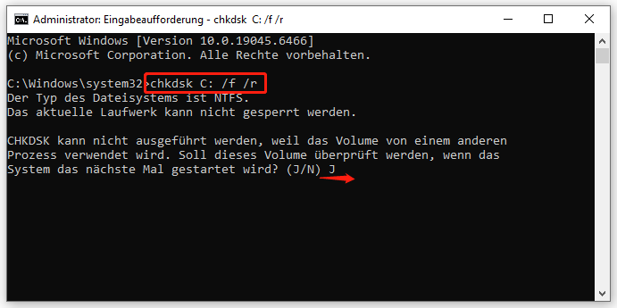 Ein Screenshot zum Ausführen des Befehls chkdsk C: /f /r.