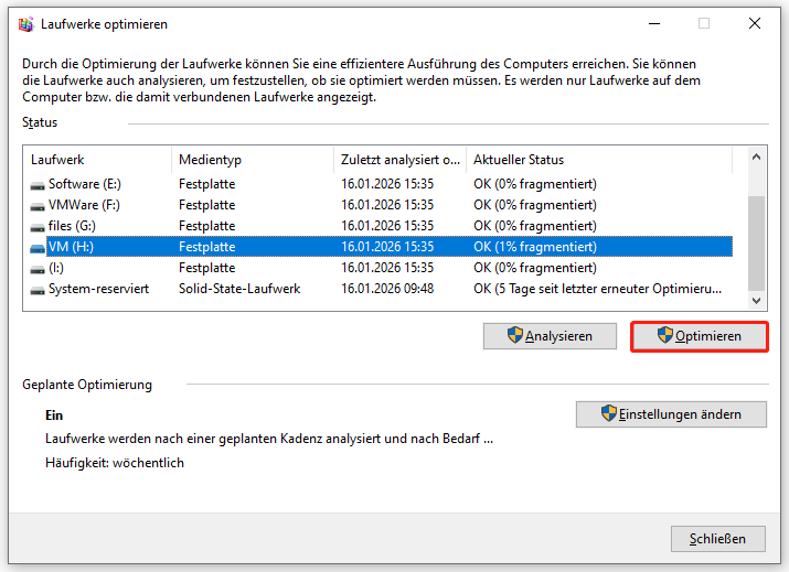 Markierung der Schaltfläche Optimieren im Fenster Laufwerke optimieren.