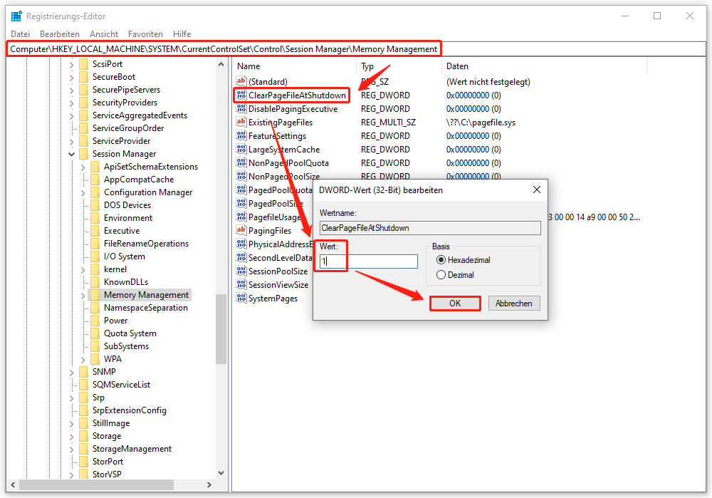 Ein Screenshot zum Ändern des Werts von ClearPageFileAtShutdown auf 1 im Registrierungs-Editor.