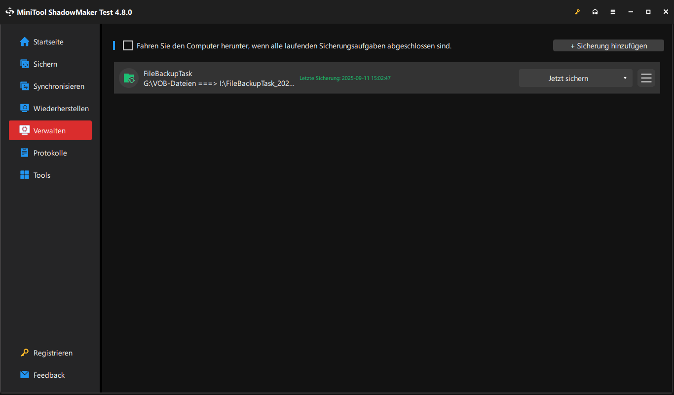 Ein Screenshot zum Sicherungsfortschritt und -status auf der Seite Verwalten.