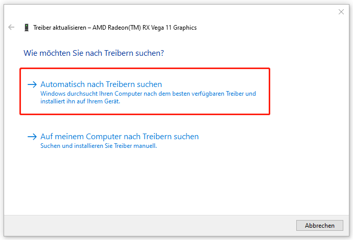 Markierung der Option Automatisch nach Treibern suchen im Fenster Treiber aktualisieren.
