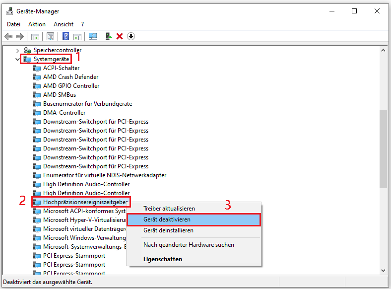 Ein Screenshot zum Deaktivieren des Geräts Hochpräzisionsereigniszeitgeber im Geräte-Manager.