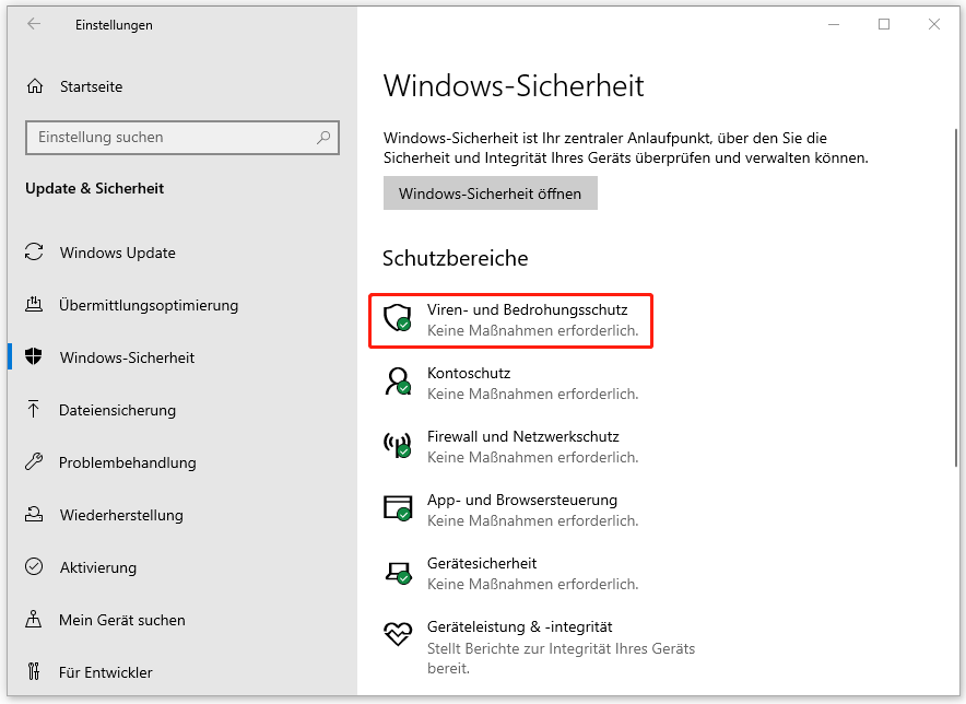 Markierung von Viren- und Bedrohungsschutz in der Windows-Sicherheit.