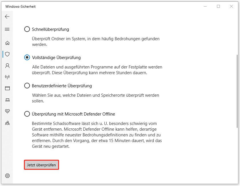 Ein Screenshot zu vier Überprüfungsoptionen in der Windows-Sicherheit.