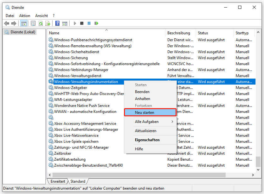 Ein Screenshot zum Neustart des Diensts Windows-Verwaltungsinstrumentation im Fenster Dienste.
