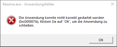 Ein Screenshot zur vollständigen Fehlermeldung des Anwendungsfehlers 0xc000007b.