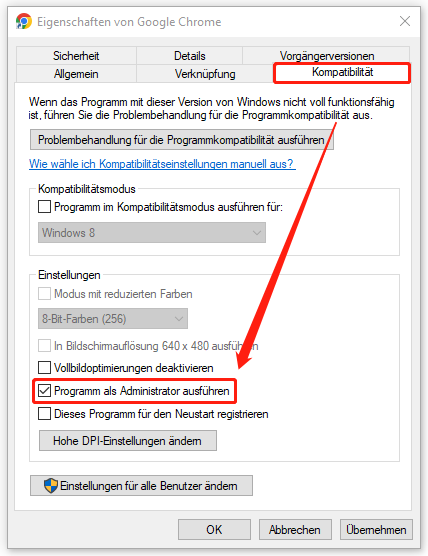 Markierung der Option Programm als Administrator ausführen unter Kompatibilität im Fenster Eigenschaften.