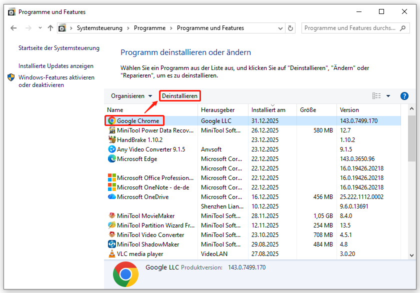 Ein Screenshot zum Deinstallieren eines Programms über die Systemsteuerung.