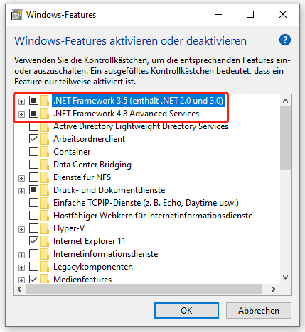Markierung der beiden .NET Framework-Versionen 3.5 und 4.8 im Fenster Windows-Features.