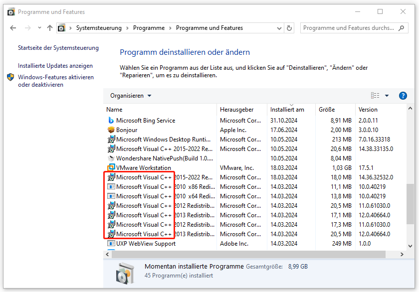 Hervorhebung aller Elemente mit dem Namen Microsoft Visual C++ in Programme und Features.