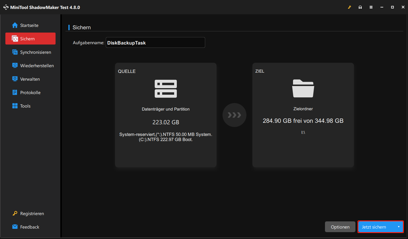 Ein Screenshot zum Sichern der Systempartitionen mit MiniTool ShadowMaker.