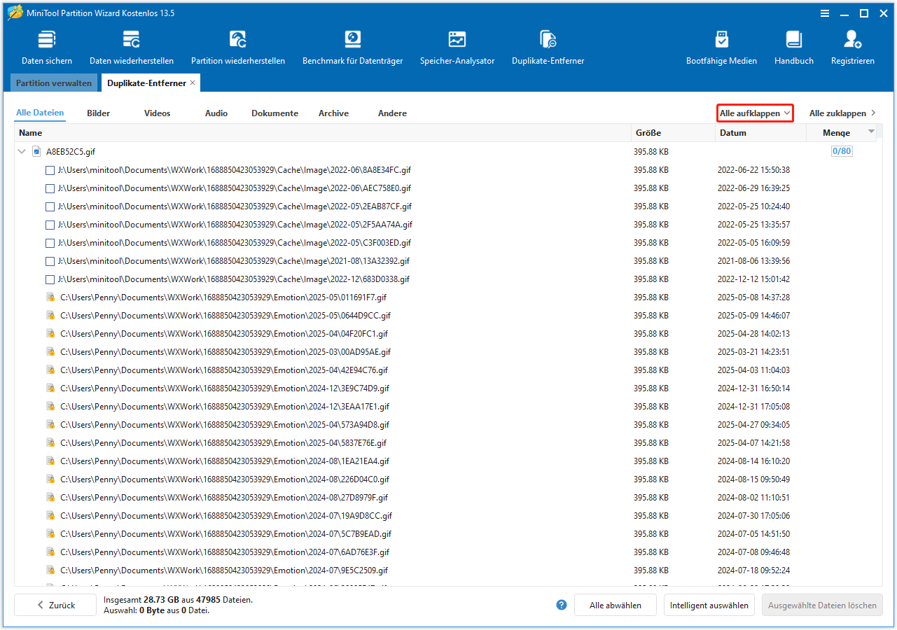 Die Benutzeroberfläche von MiniTool Partition Wizard mit dem Ergebnis des Scans nach doppelten Dateien.