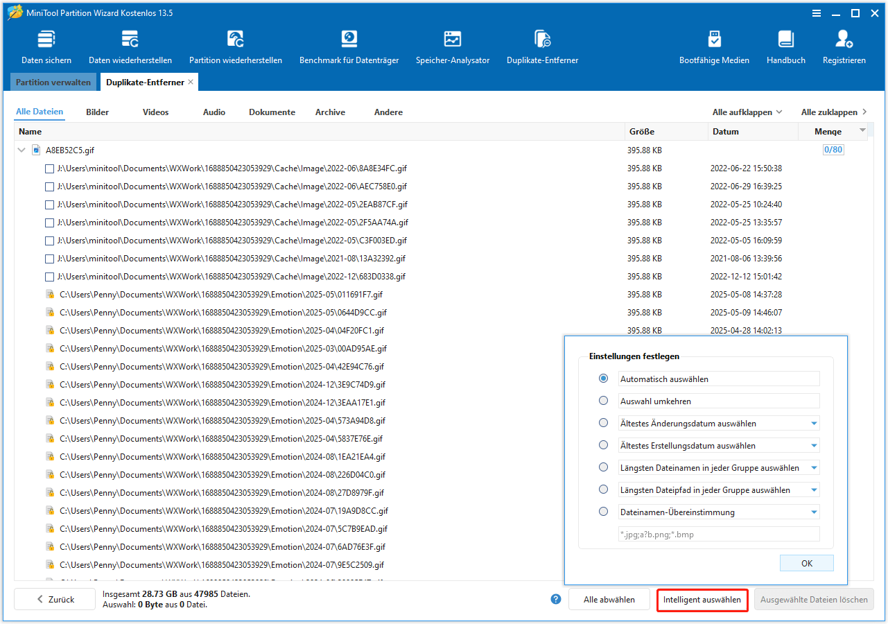Die Option Intelligent auswählen ist in der unteren rechten Ecke von MiniTool Partition ausgewählt.