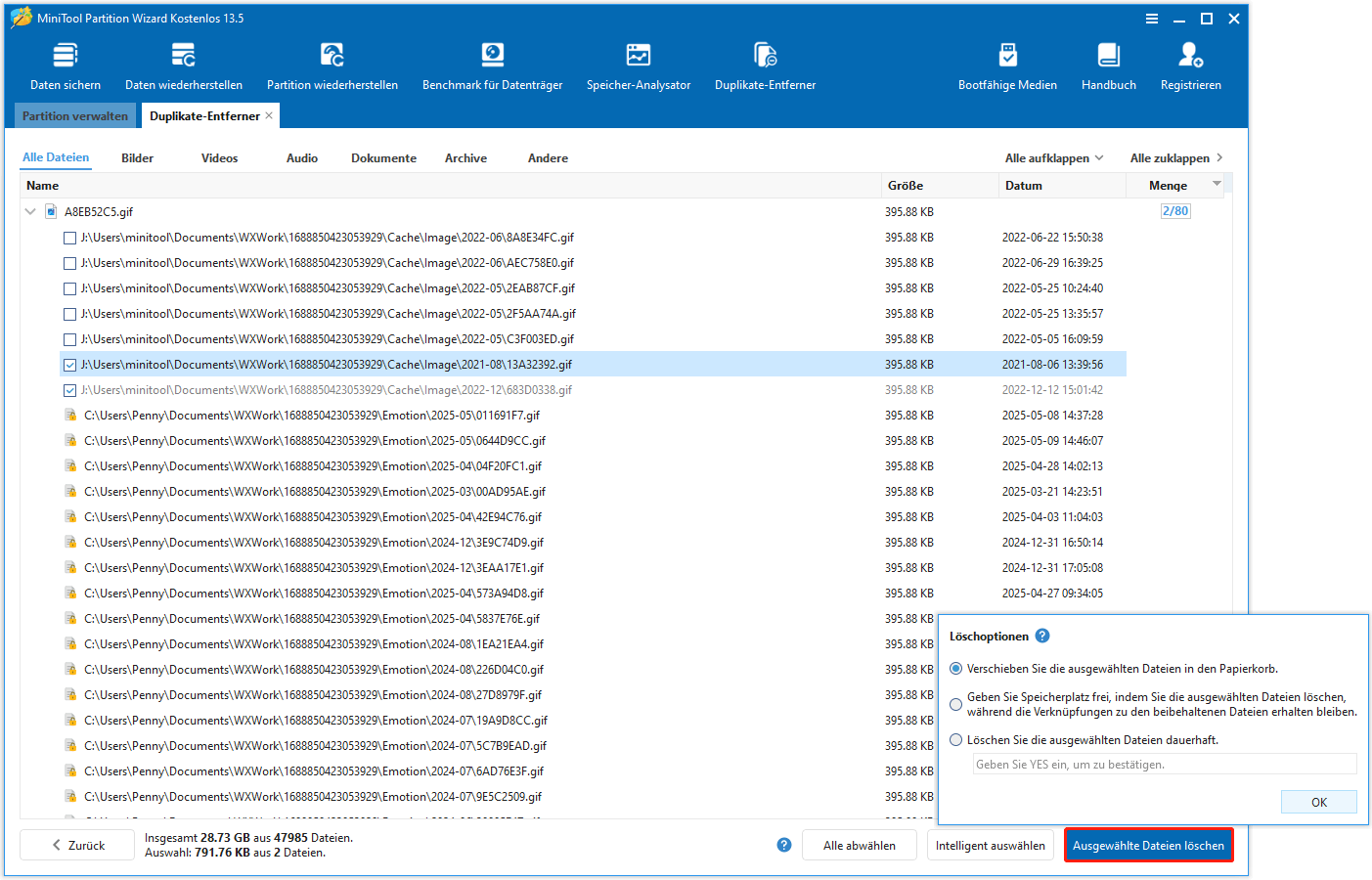 Die Option Ausgewählte Dateien löschen wird unten rechts in der Benutzeroberfläche von MiniTool Partition Wizard ausgewählt.