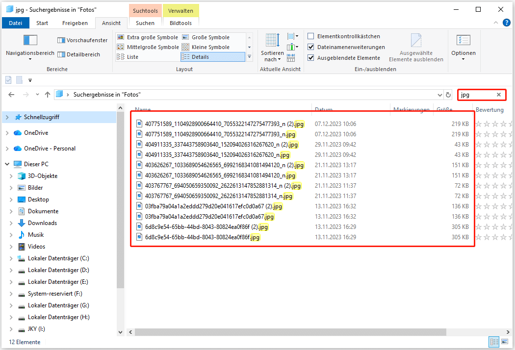 Die Datei-Explorer-Oberfläche mit den ausgewählten doppelten Dateien.