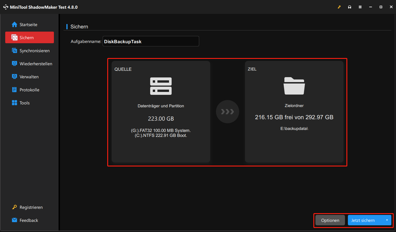 Sicherung der Festplatte in MiniTool ShadowMaker.