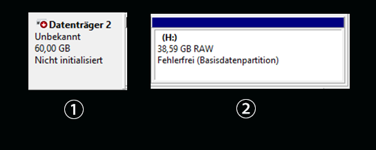 Anzeige eines Datenträgers als Unbekannt oder RAW in der Datenträgerverwaltung.