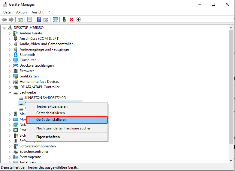 Deinstallation des Datenträgers über den Geräte-Manager.