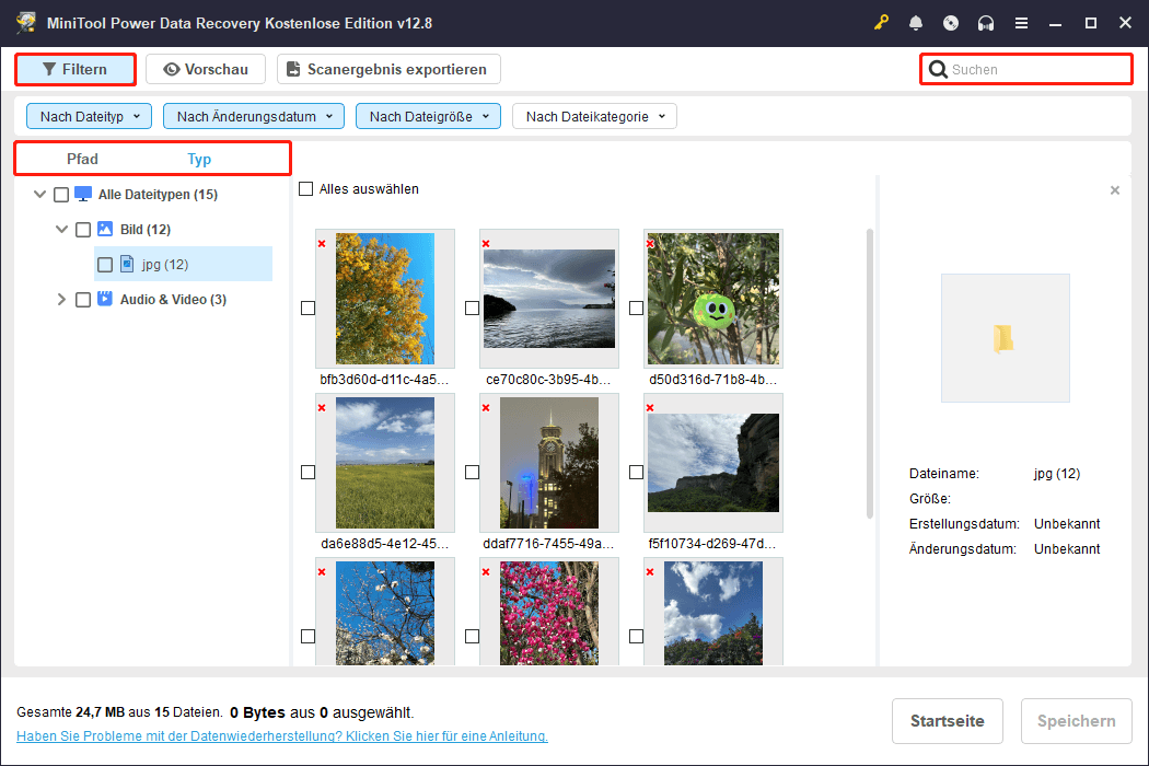 Die Funktionen Filtern, Pfad, Typ und Suchen in MiniTool Power Data Recovery.
