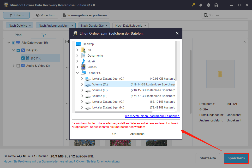 Speicherung der markierten Dateien an einem sicheren Speicherort in MiniTool Power Data Recovery.