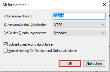 Formatierung der Festplatte in der Datenträgerverwaltung.