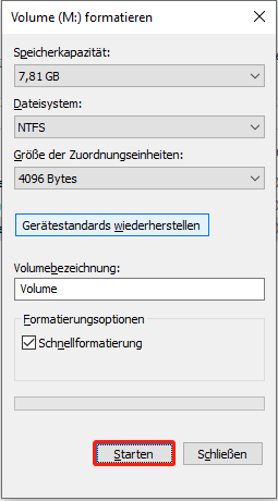 Formatierung des Laufwerks im Datei-Explorer.