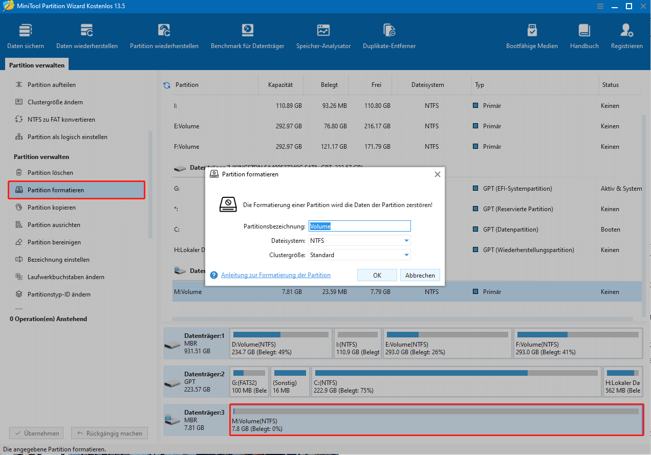 Formatierung des Laufwerks in ein erkanntes Dateisystem mithilfe von MiniTool Partition Wizard.
