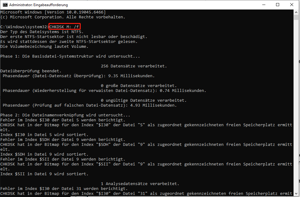 CHKDSK M: /f ausführen, um Dateisystemfehler in der Eingabeaufforderung zu reparieren.
