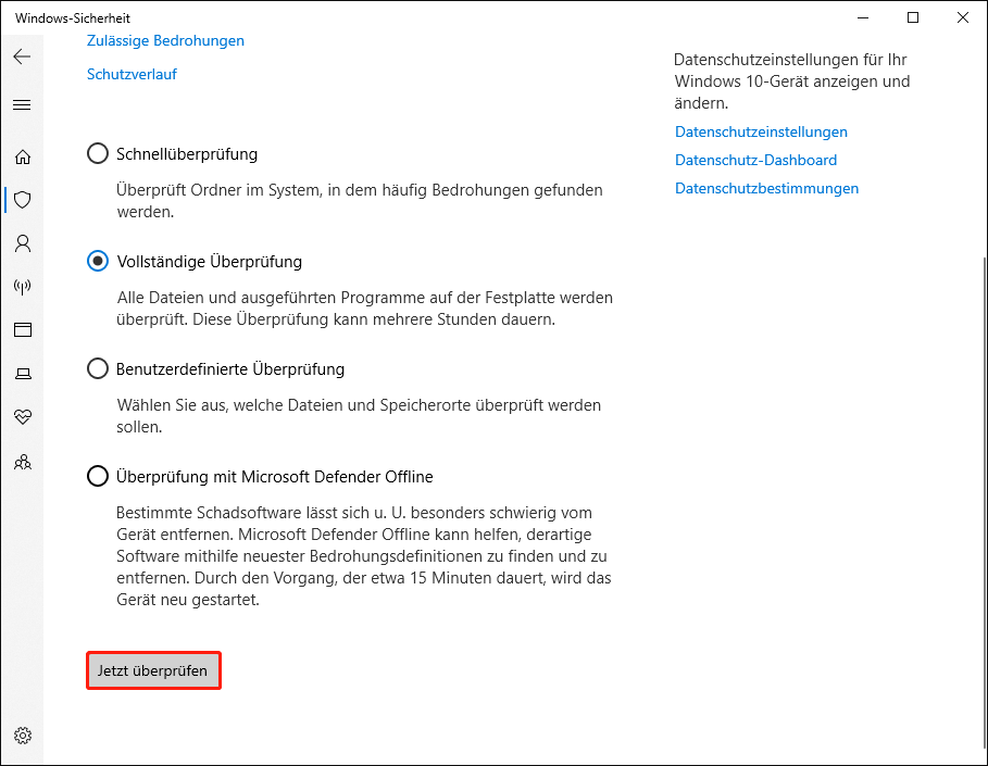 Vollständigen Virenscan in der Windows-Sicherheit ausführen.