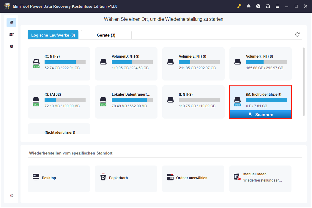 Partition zum Scannen in MiniTool Power Data Recovery auswählen.