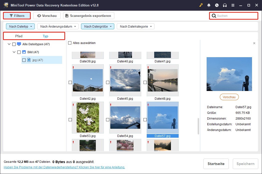 Pfad, Typ, Filtern oder Suchen verwenden, um gewünschte Dateien in MiniTool Power Data Recovery zu finden.