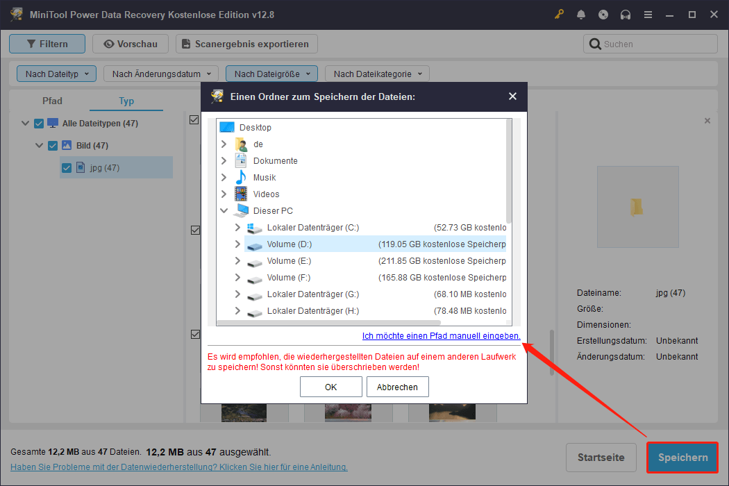 Ausgewählte Dateien in MiniTool Power Data Recovery speichern.