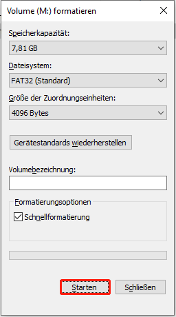 Starten des Datenträgerformatierungsprozesses im Datei-Explorer.