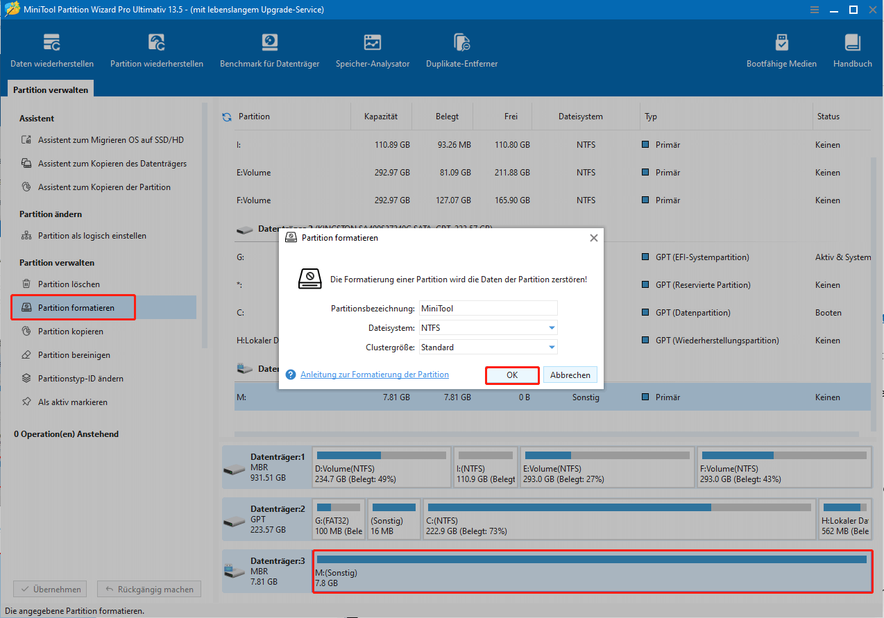 Ausgewählte Partition in MiniTool Partition Wizard formatieren.