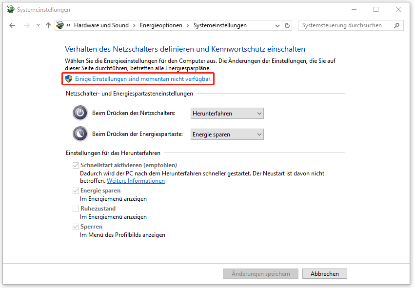Markierung der Option Einige Einstellungen sind momentan nicht verfügbar.