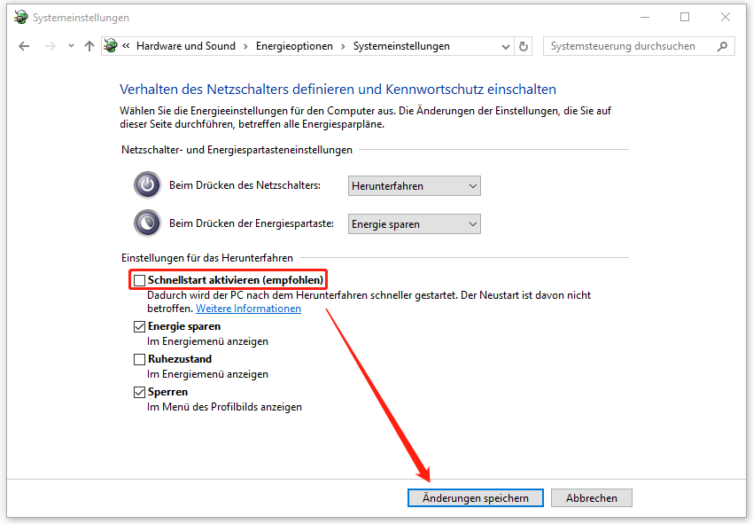 Ein Screenshot zum Deaktivieren des Kontrollkästchens Schnellstart aktivieren (empfohlen).