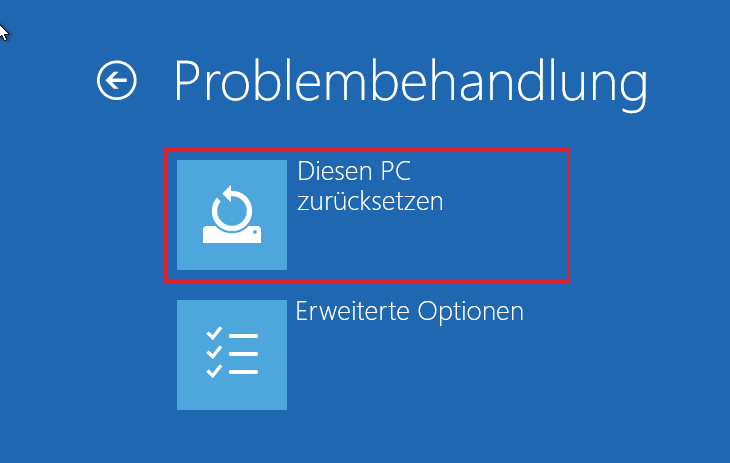 Markierung der Option Diesen PC zurücksetzen in der Problembehebung.