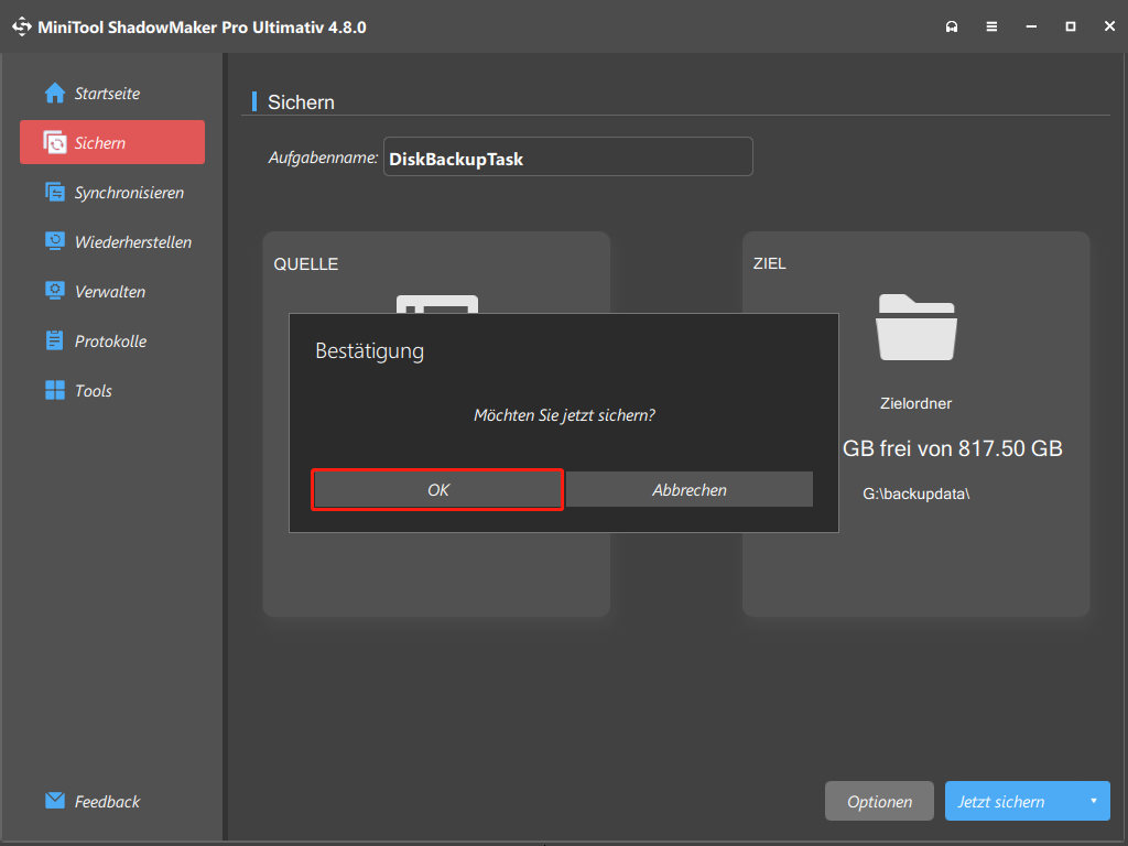 Ein Screenshot zur Bestätigung einer Sicherung in MiniTool ShadowMaker.
