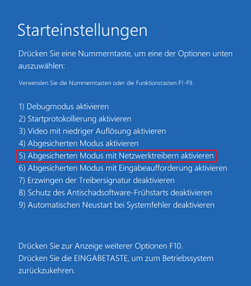 Markierung der Option Abgesicherten Modus mit Netzwerktreibern aktivieren.