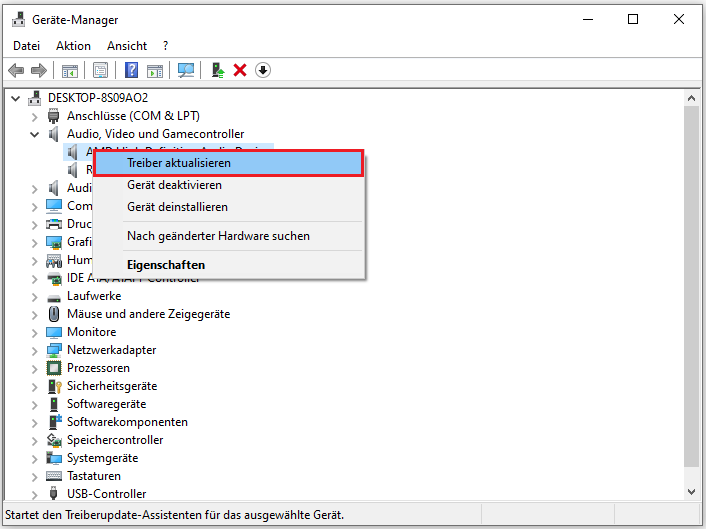 Markierung der Option Treiber aktualisieren im Geräte-Manager.