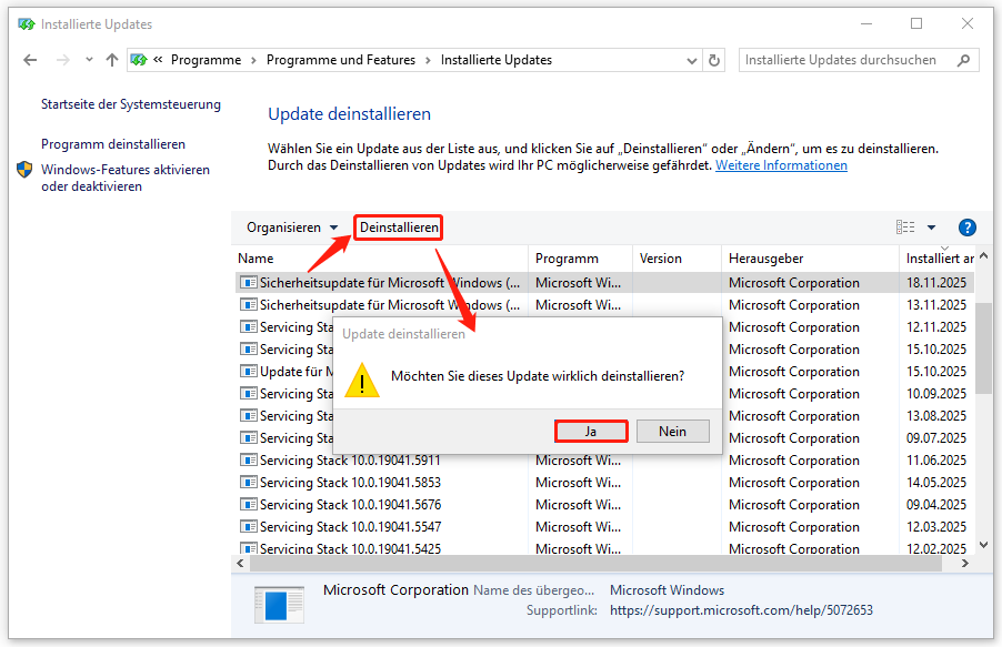 Ein Screenshot zum Deinstallieren des neuesten Windows-Updates in der Systemsteuerung.