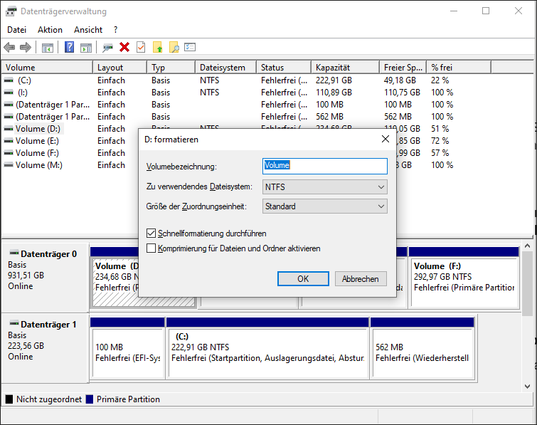 Fenster der Datenträgerverwaltung mit Dialog „Formatieren“ zum Formatieren des alten Datenträgers nach dem Klonen.