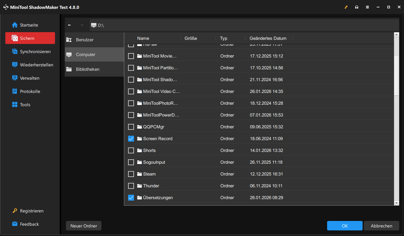 MiniTool-ShadowMaker-Fenster mit ausgewählten Dateien für das Backup.