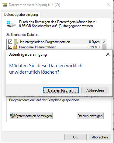 Fenster der Datenträgerbereinigung mit ausgewählten zu löschenden Elementen.