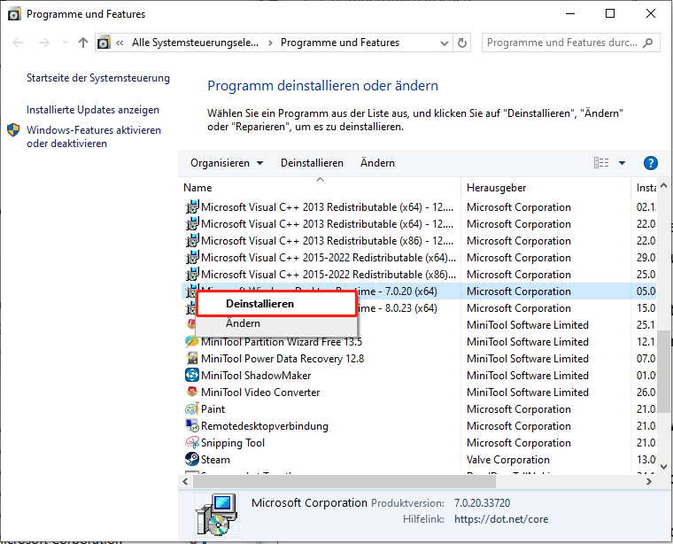 Fenster Programme und Features in der Systemsteuerung mit ausgewählter Option Deinstallieren.