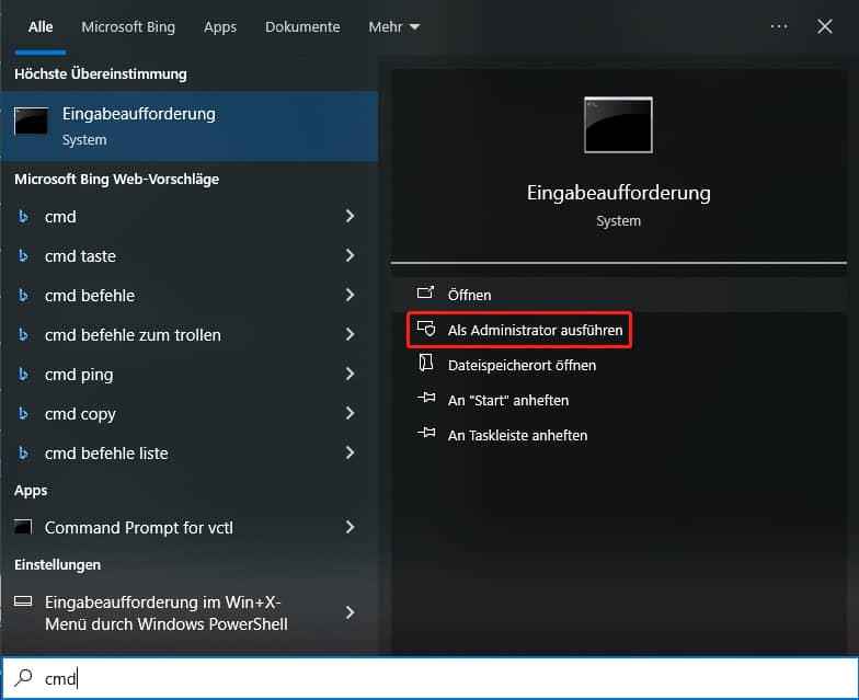 Suchfeld mit eingegebenem cmd und ausgewählter Option Als Administrator ausführen.